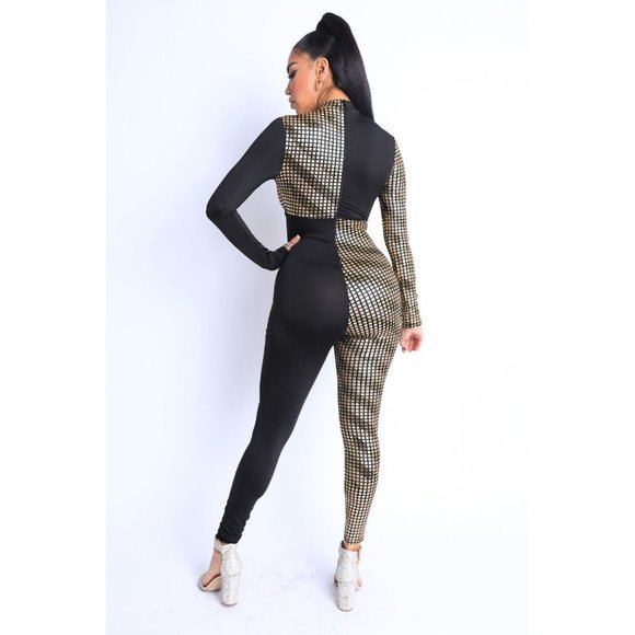 Women's Mosaic Colorblock Tie Detailed Jumpsuit Party Club Lounge Jumpsuit - Picture 5 of 11